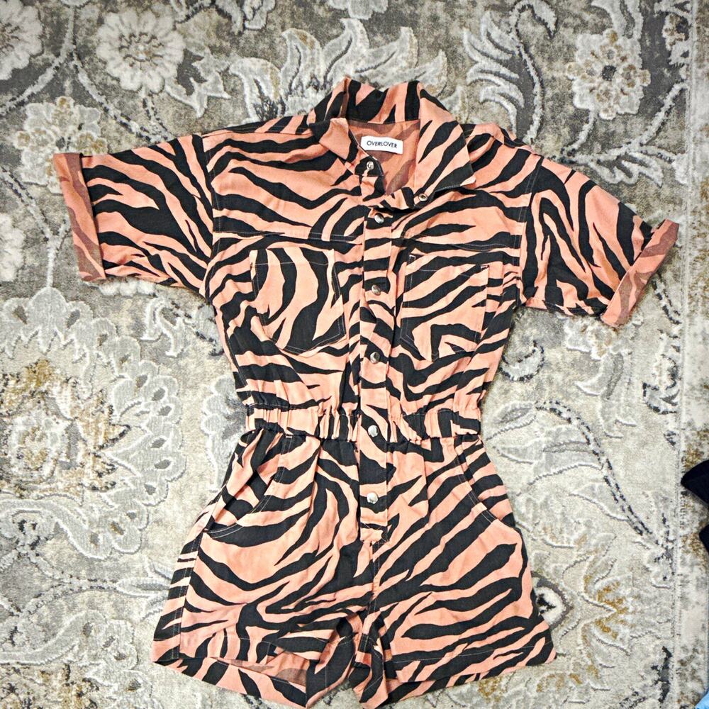 Overlover Romper Womens XS Peach Black Zebra Animal Print ShortSleeve Snap Front